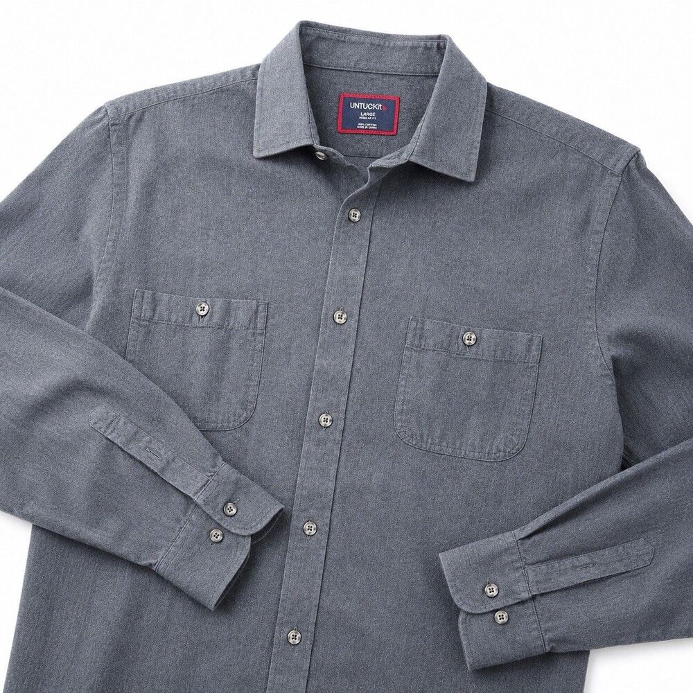 UNTUCKit Hemsworth Flannel Shirt Deep Gray Herringbone Cotton Long Sleeve Men's